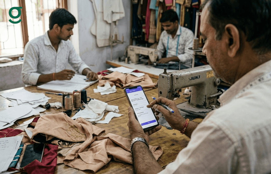 A tailor in a busy workshop uses tailoring software on his smartphone to check order details.
