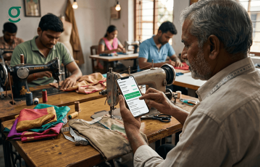 A tailor uses tailoring software on his smartphone to track orders in a busy sewing workshop.