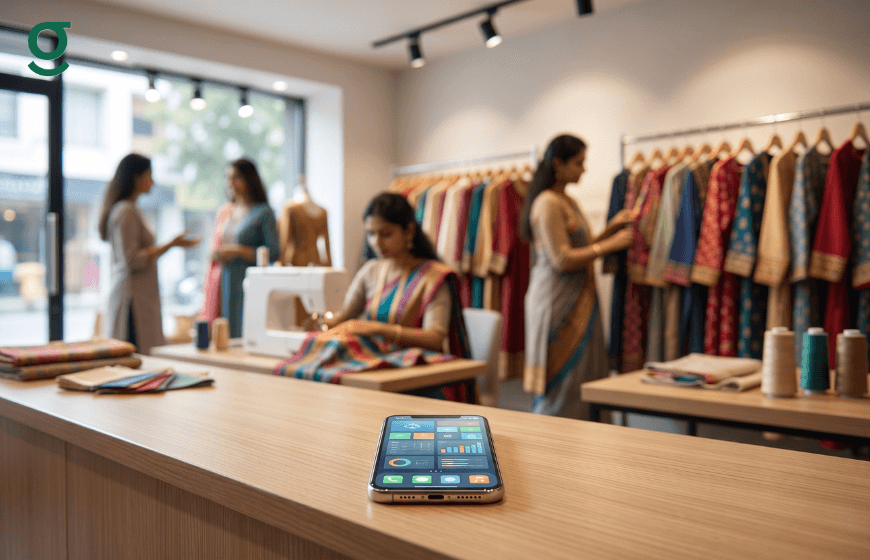 Online tailor app displayed on smartphone at boutique counter with tailoring and garment selection in background.