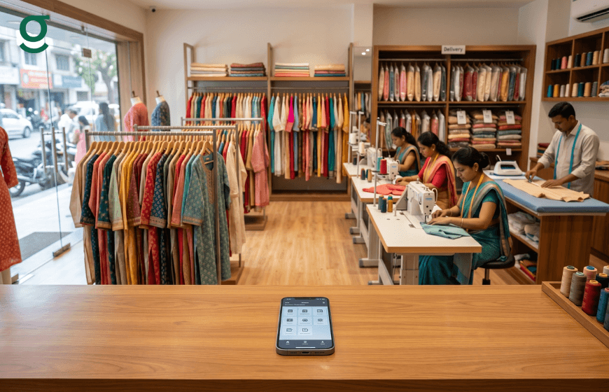 Online tailor app displayed on smartphone at a busy tailoring shop with stitching work in progress.