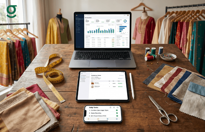 Tailor App displayed on laptop, tablet, and phone for tracking sales, orders, and daily tasks in a fashion store.