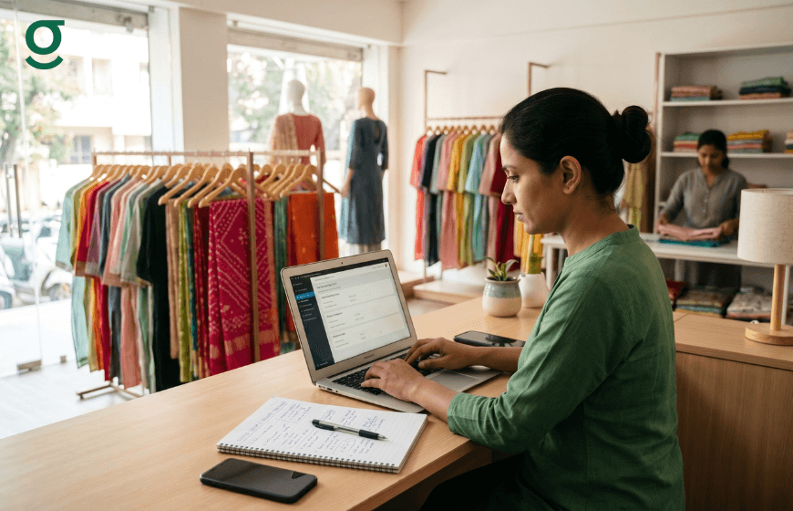 Retail owner using Tailor App on a laptop inside a clothing store to manage inventory and sales.