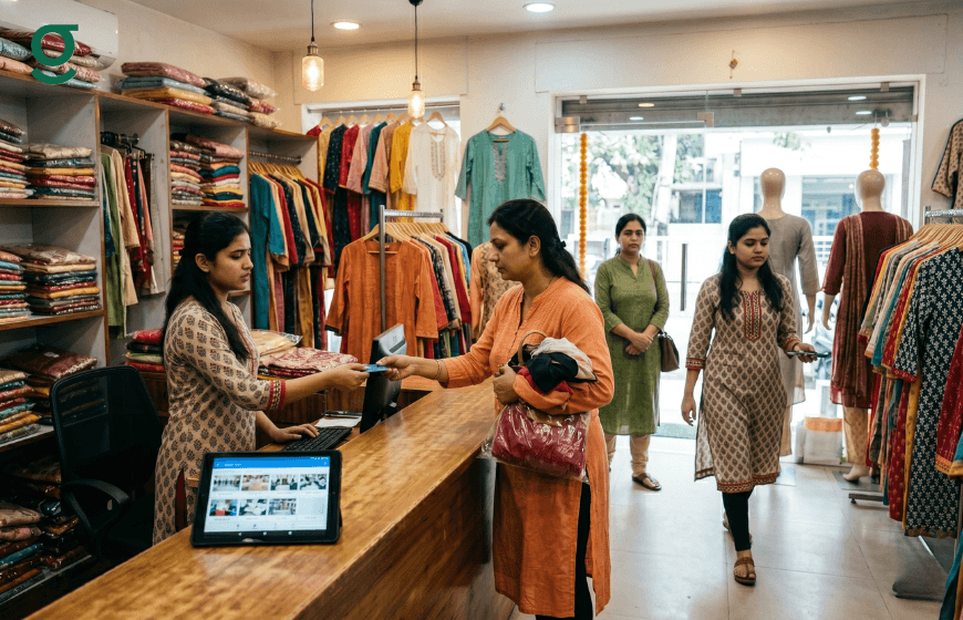 Customer paying at checkout using tailor app in a busy clothing store