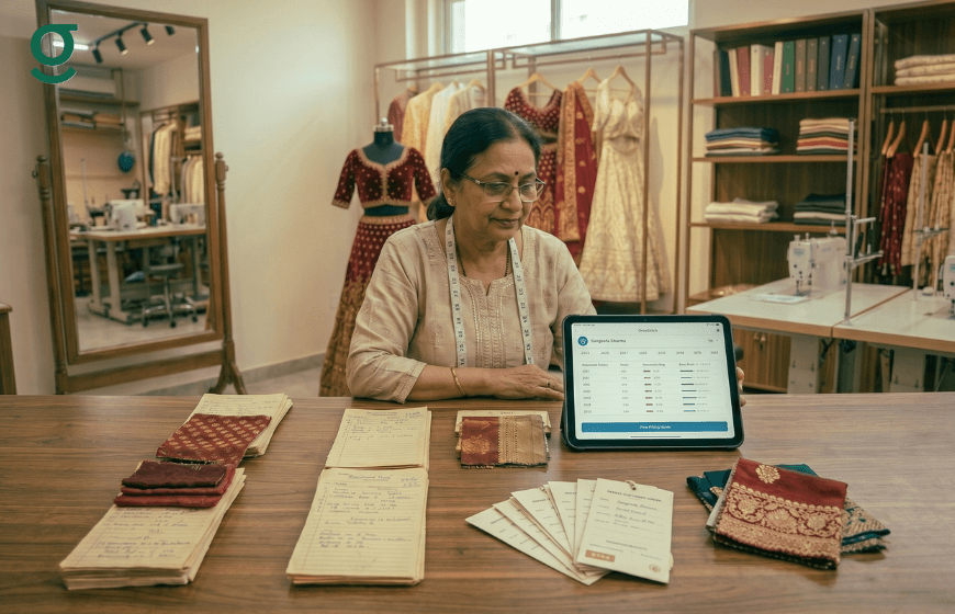 Tailoring measurement book and fabric records in a boutique studio.