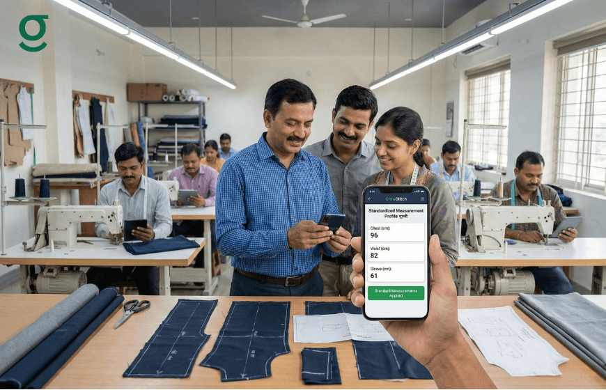 Tailors reviewing measurements using a Tailor App in a stitching workshop.