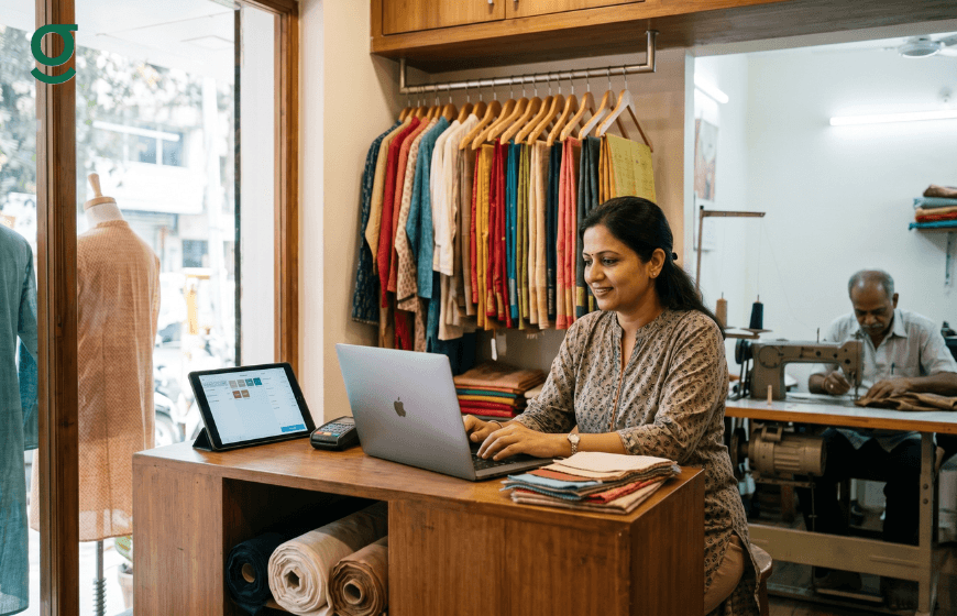 Woman using tailoring software on a laptop at a fabric shop counter while garments hang behind her and a tailor works in the background.