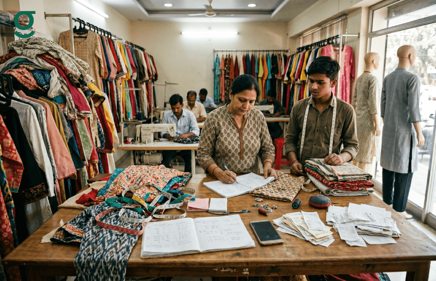 Tailors managing orders with tailoring software while reviewing measurements, fabrics, and receipts in a busy clothing workshop.