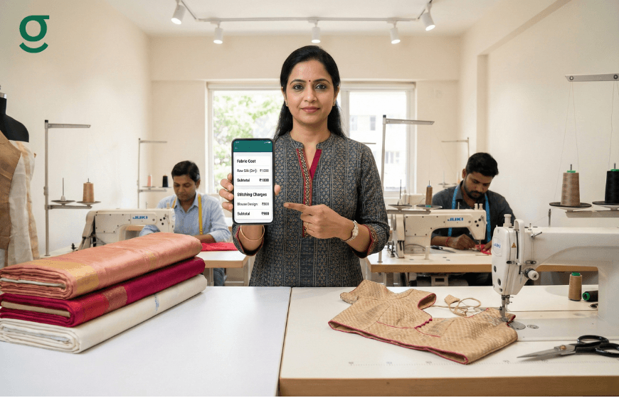 Tailor app showing fabric cost and stitching charges for accurate billing in a boutique.