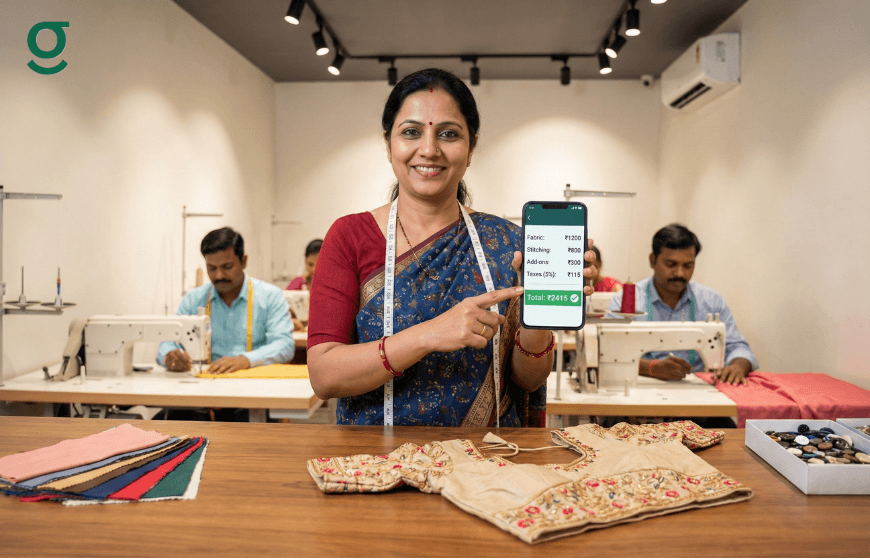 Tailor app displaying fabric, stitching, add-ons, and total cost during order billing in a boutique.