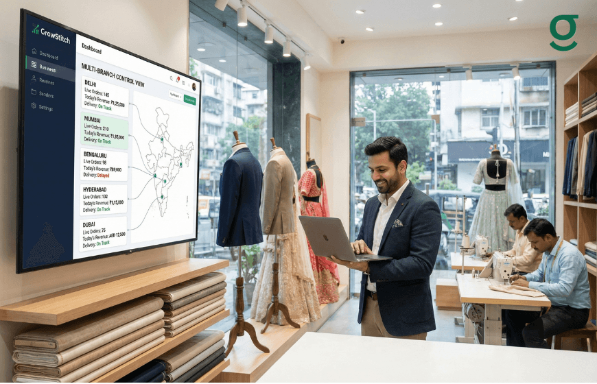 **Alt text:** *Boutique App interface used in a fashion boutique to track store performance and manage daily tailoring operations digitally.