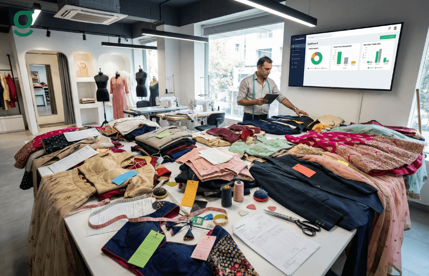 **Alt text:** *Boutique App dashboard displayed in a tailoring studio while a boutique owner manages multiple garment orders and production workflow.*