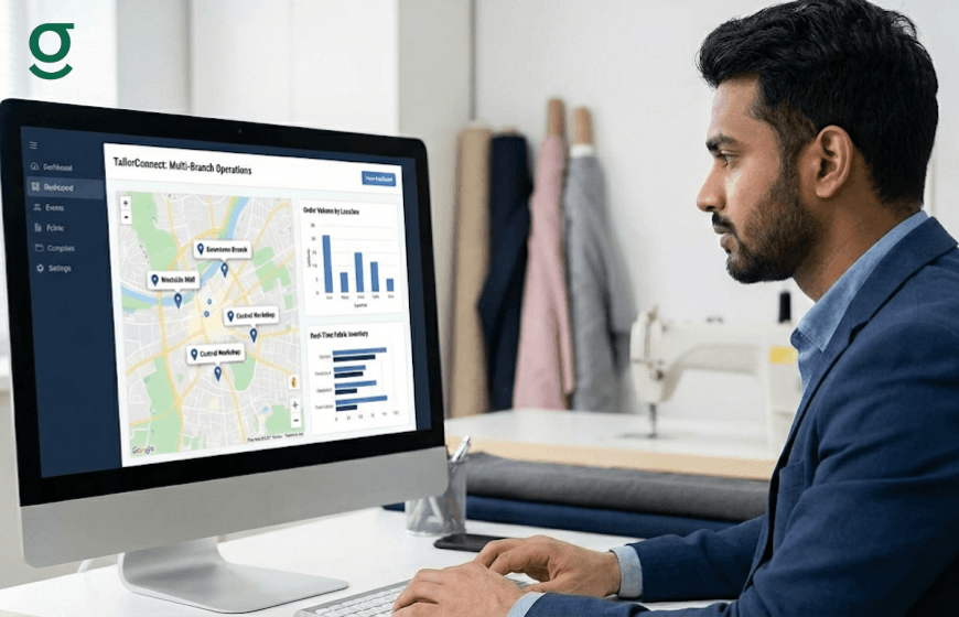 Tailoring app dashboard showing boutique performance and location insights