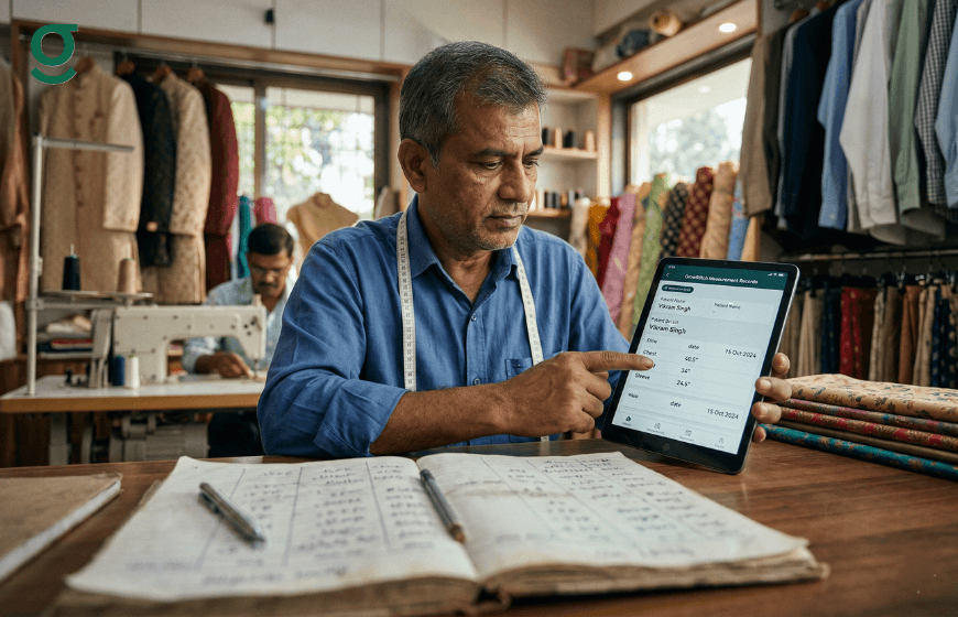 Measurement book for boutique on a tailor's table, with a man pointing at a tablet showing customer measurements in a clothing shop.