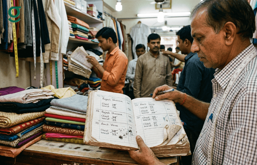 Measurement book for boutique being checked by a tailor in a busy fabric shop with stacked clothes and customers in the background.