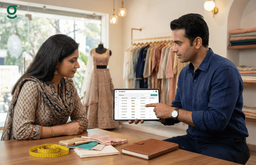 Tailor using a Tailoring App on a tablet to manage orders and measurements inside a modern boutique.