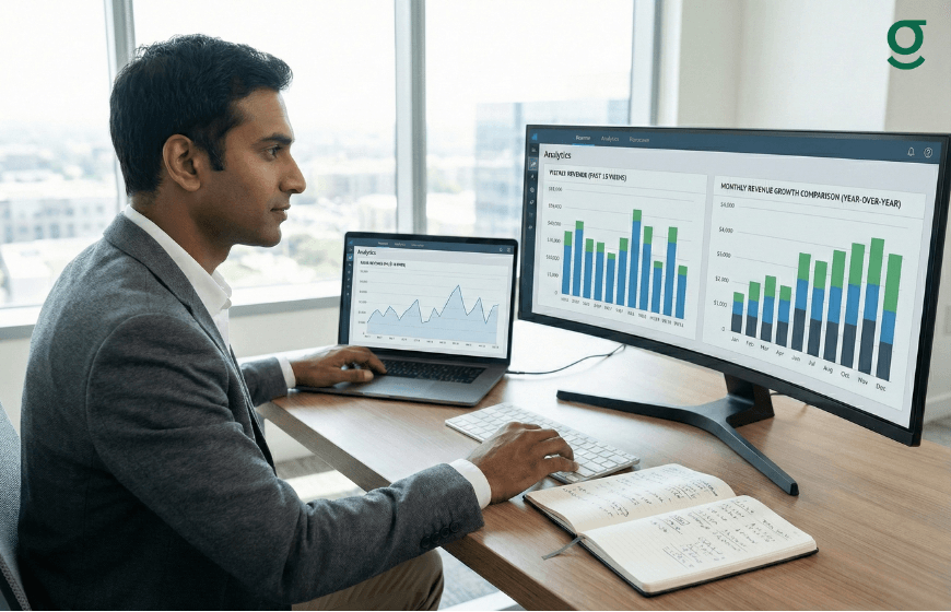 Business owner analyzing performance metrics on a Boutique App and tailoring app using a desktop dashboard.