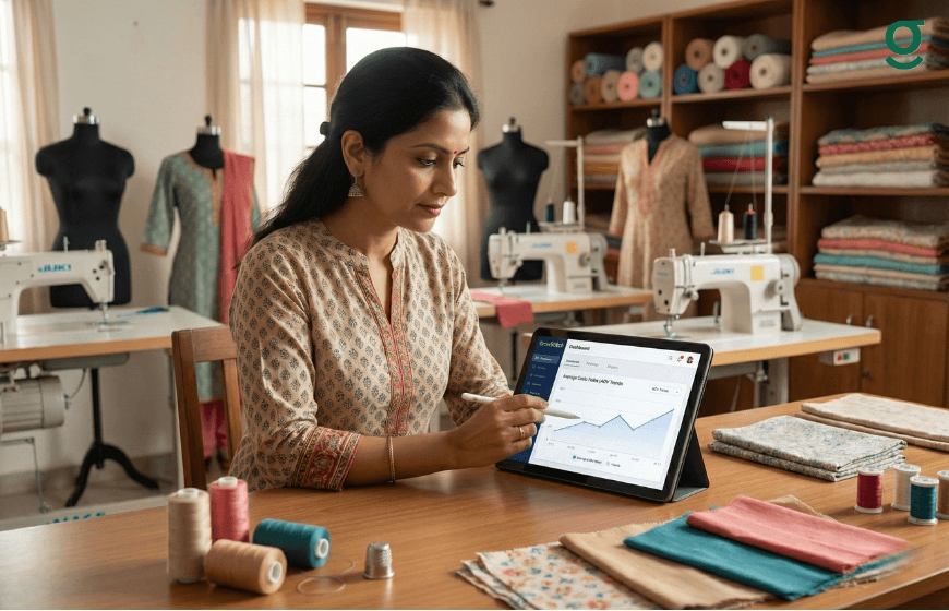 Boutique owner using a Boutique App and tailoring app to manage orders inside a tailoring studio.