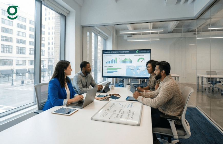 Team reviewing operational insights on a Tailoring App dashboard in a modern meeting room.