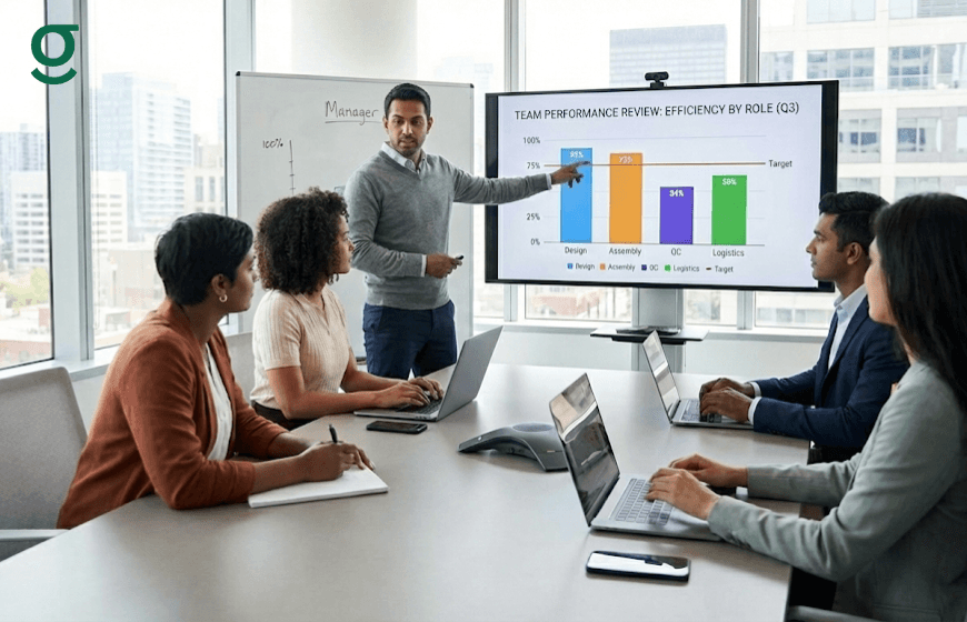 Team analyzing efficiency metrics on a Tailoring App dashboard during an operational review meeting.