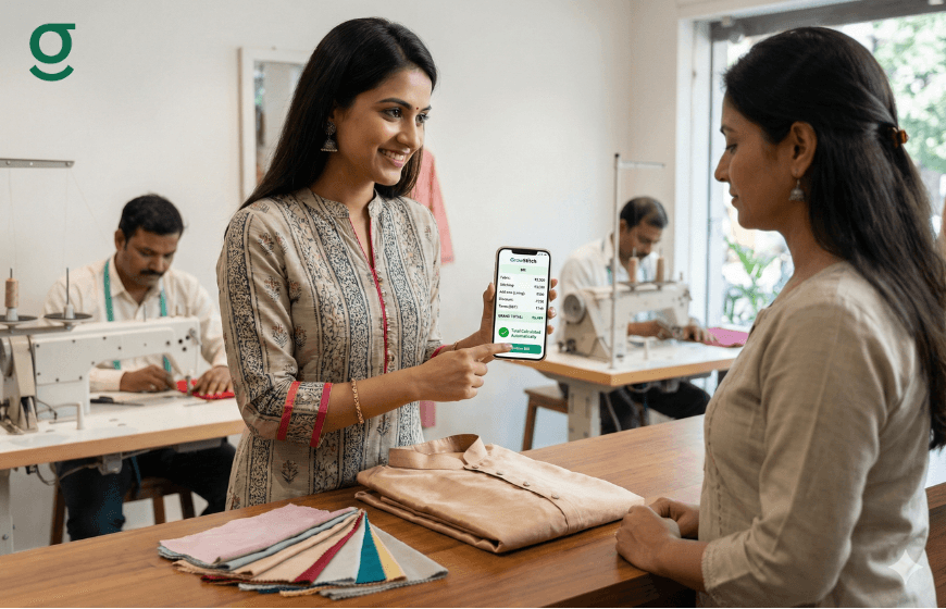 Tailor showing an Online Tailor App to a customer while managing an order in a boutique.