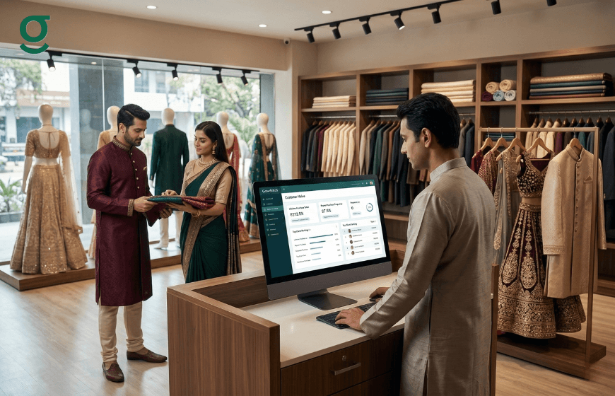 Boutique Management Software tracking customer value and sales as staff assist shoppers in-store.