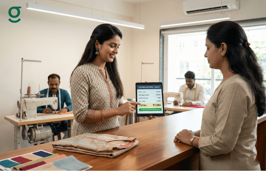 Tailor using a Tailor Measurements App to record customer measurements during a boutique consultation.