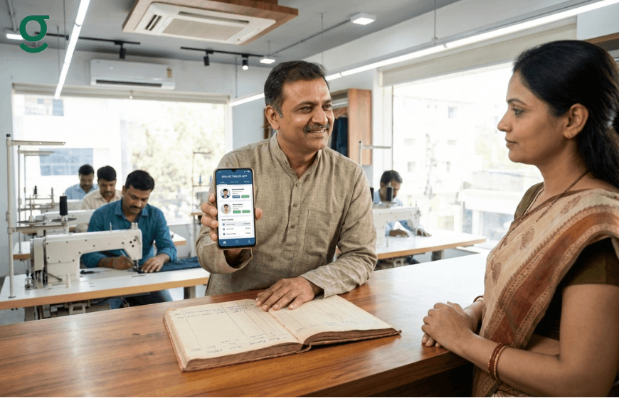 Tailor showing a Tailor Measurements App to a customer while recording measurements in a boutique.