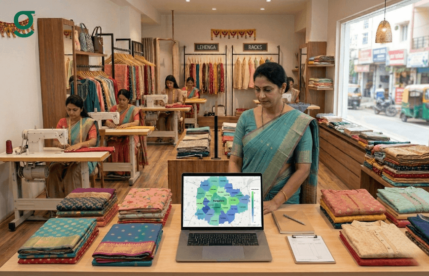 Boutique owner using tailoring software on a laptop to manage orders in a tailoring shop.