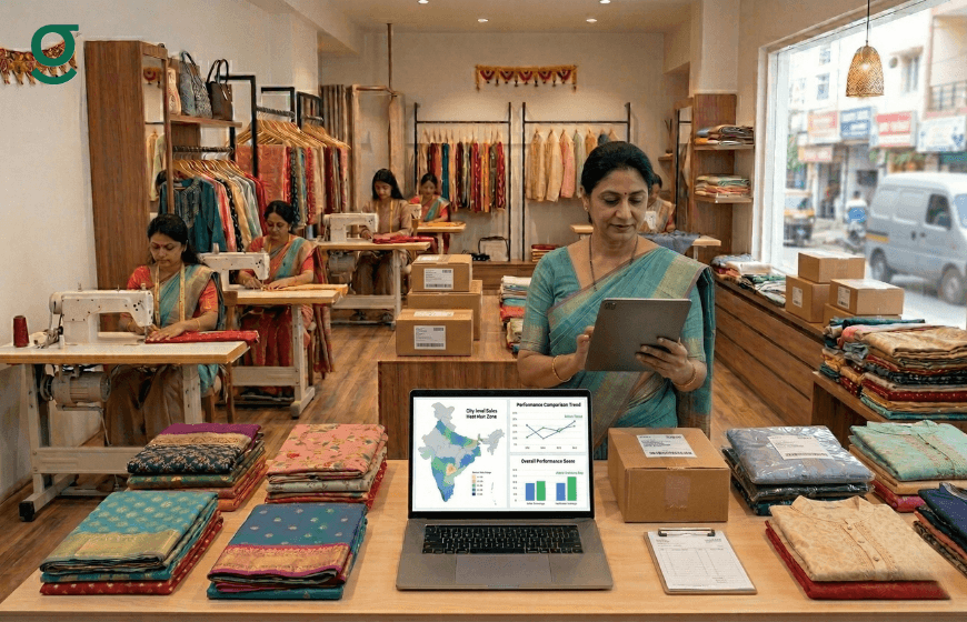 Boutique owner using tailoring software on a tablet and laptop to manage orders, inventory, and production inside a tailoring shop.
