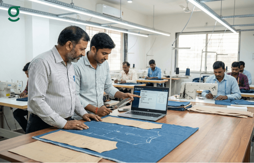 Tailors using Tailoring Software to manage garment production in a workshop.