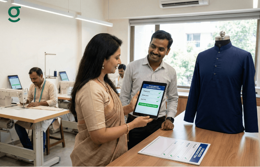 Customer and tailor using Tailoring Software to review garment details in a boutique.