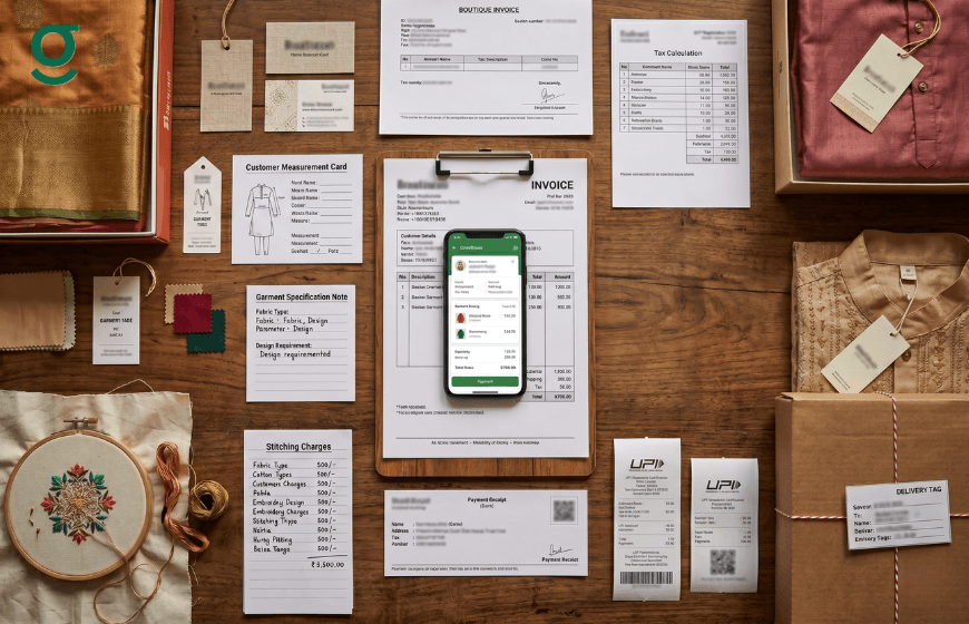 Cloth bill format with tailoring invoice, payment details and garment order records.