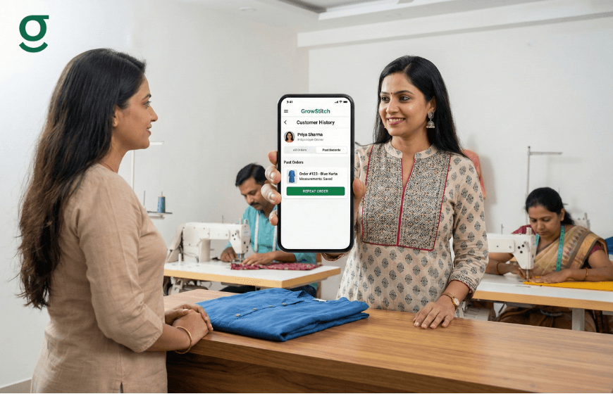 Tailoring Software shown on a smartphone displaying customer order history in a tailoring workshop