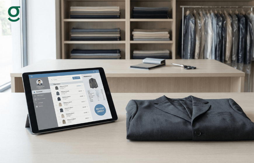 Tailoring Software displayed on a tablet managing garment orders inside a modern tailoring boutique."