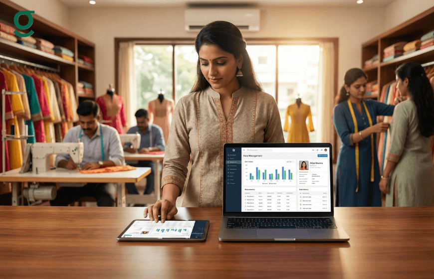 Boutique staff using a Tailor App on tablet and laptop to manage tailoring orders and customer data.