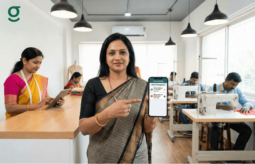 Online Tailor App displayed by a boutique owner inside a tailoring workshop.