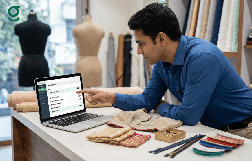 Tailor managing orders and measurements using a Tailor app on a laptop in a boutique workspace.