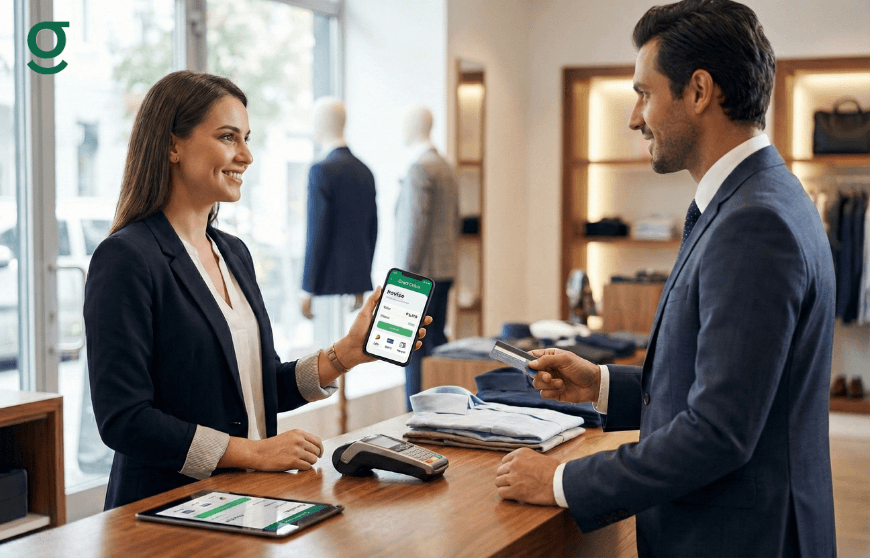 Boutique staff processing an order using a Tailor app at the checkout counter.