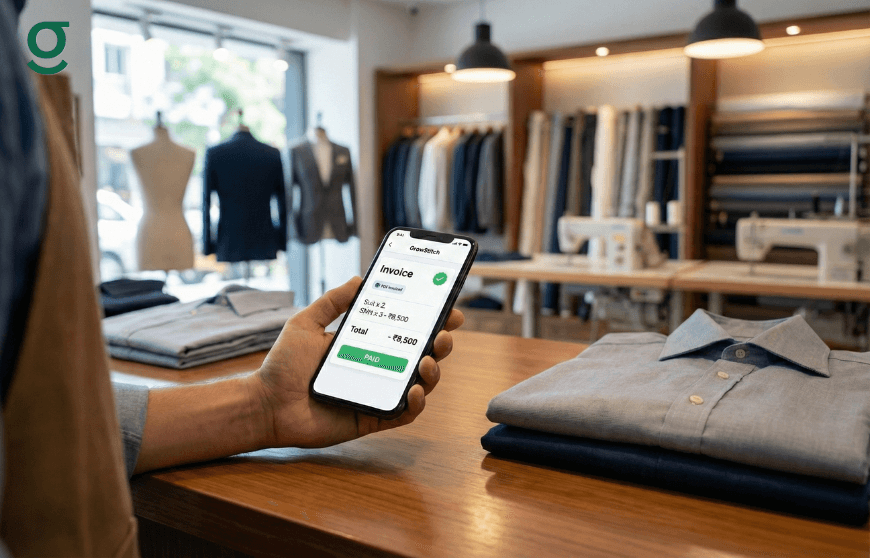 Tailor generating an invoice using a Tailor app inside a modern boutique.