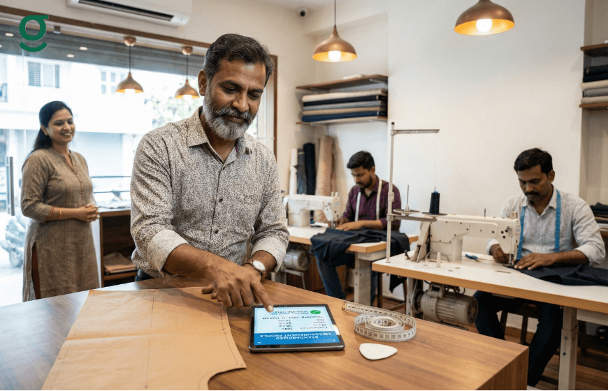 Tailor managing customer orders and measurements using tailoring application in boutique.