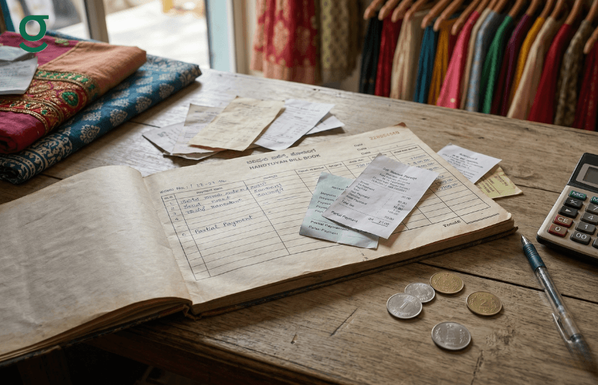 Manual boutique records and billing without tailoring software on a shop counter