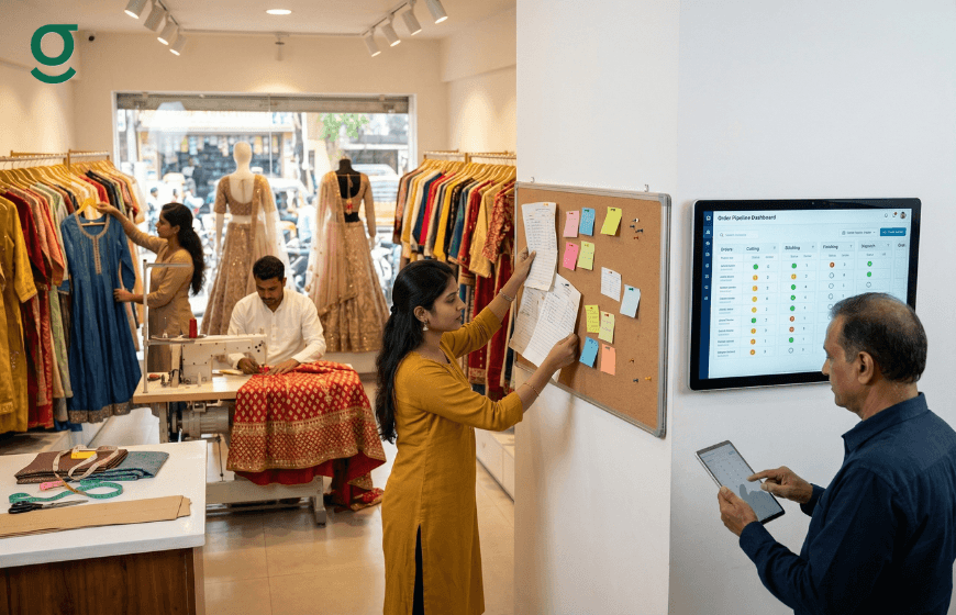 Staff using boutique management system to track production stages and workflow.