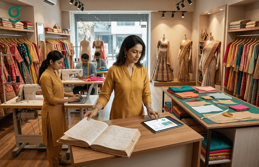 Staff using boutique management system to manage orders and production in store.