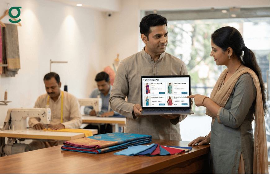 Shop owner showing digital catalog to customer using Tailoring Software in a boutique.