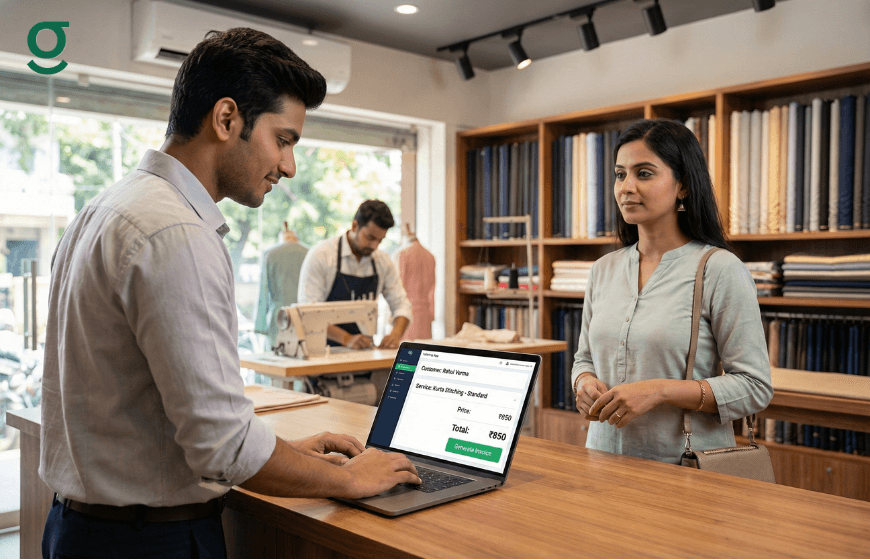 Tailor generating an invoice for a customer using Tailoring Software in a fabric store.