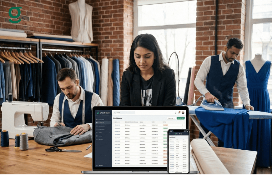 Tailoring Application dashboard shown on laptop and mobile while a tailoring team manages stitching, ironing, and order tracking in a workshop