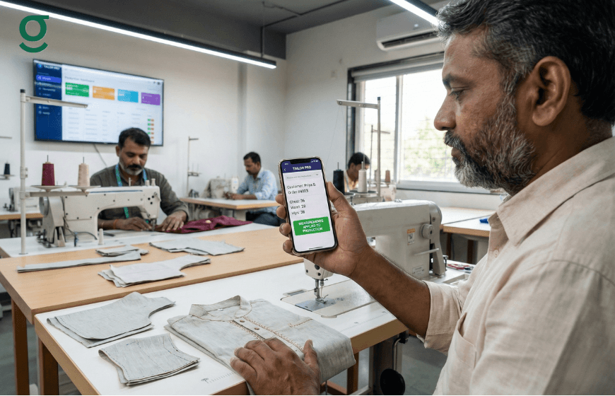 Tailor using Boutique Managment Software while working in a stitching unit.