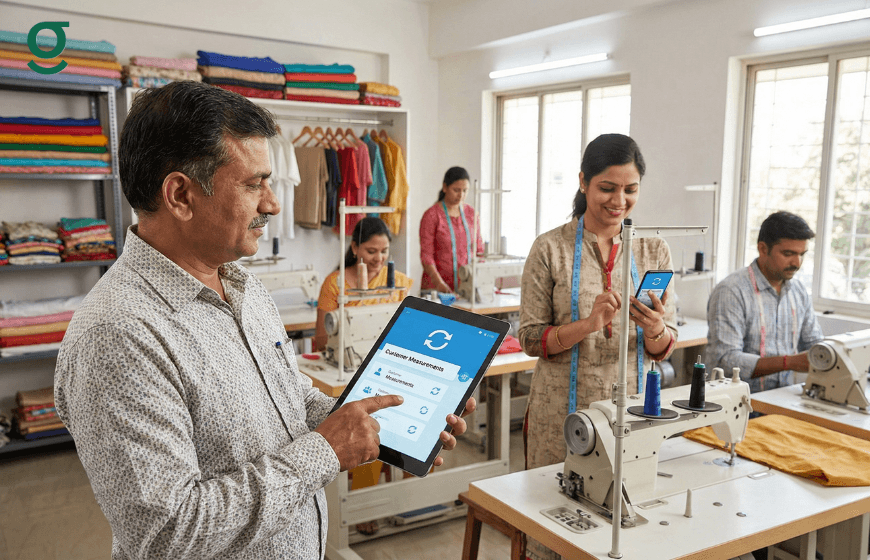 Tailors recording customer data using a Tailor Measurement App in a boutique.