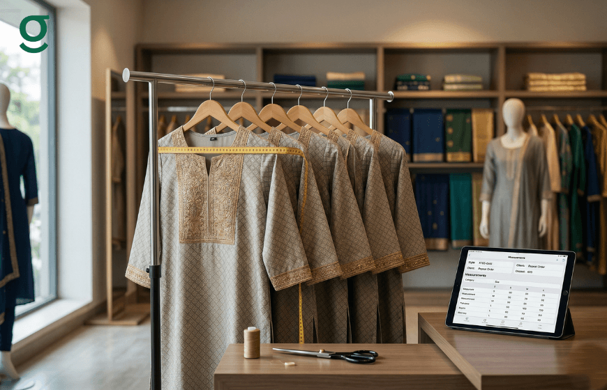Tailor measurement book displayed digitally on tablet beside measured garments on rack in clothing shop