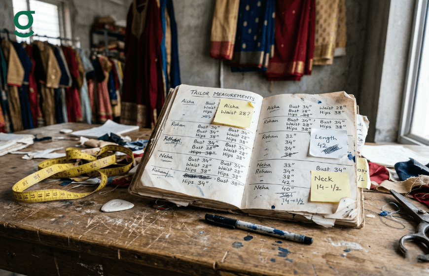 Tailor measurement book open on a worktable with handwritten sizes and measuring tape in a clothing workshop